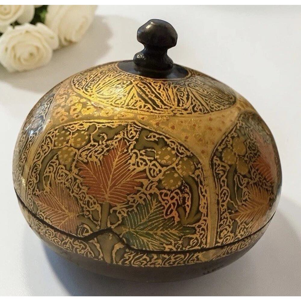 HANDMADE FROM INDIA Trinket Box Papier-Mache Crafted Lacquer VINTAGE 3356-37